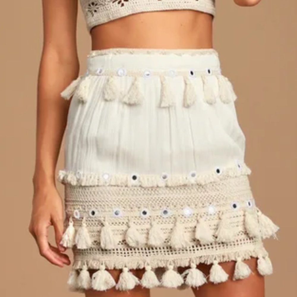 Raga Golden Bliss Cream Tasseled Mini Skirt-Size S